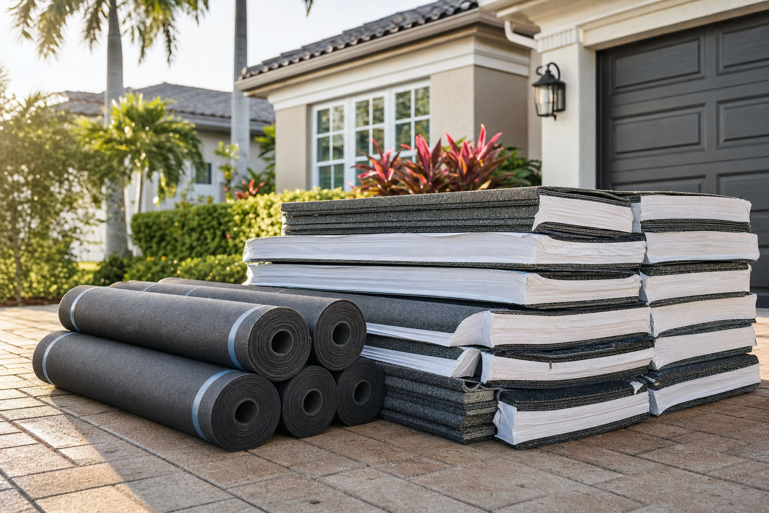close-up documentary photo of GAF architectural shingle bundles and underlayment rolls arranged on a clean driveway beside a South Florida home, morning light, realistic product-prep scene, no logos or readable text