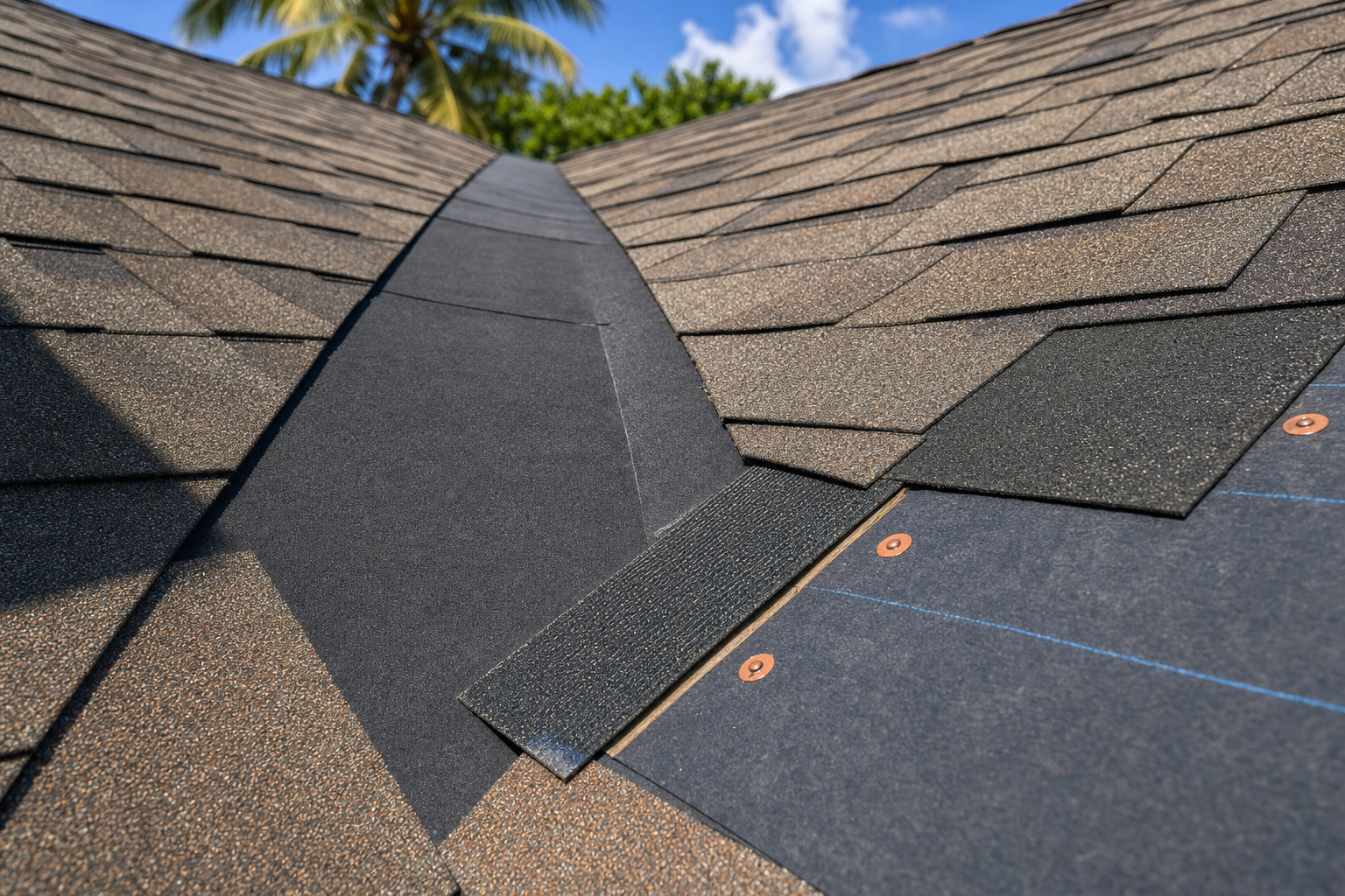 ground-level macro photo of a roof valley and starter strip detail on a South Florida shingle roof, clean underlayment edges visible, bright sun, no people, no text