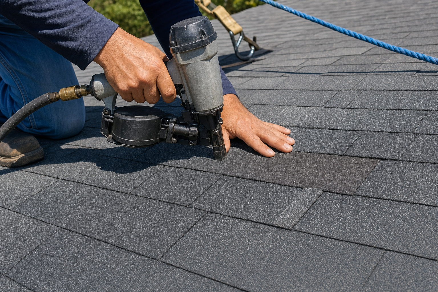 hands-only documentary close-up of a roofer safely fastening architectural shingles on the center of a stable roof plane, harness line visible in background, bright South Florida daylight, no logos or text