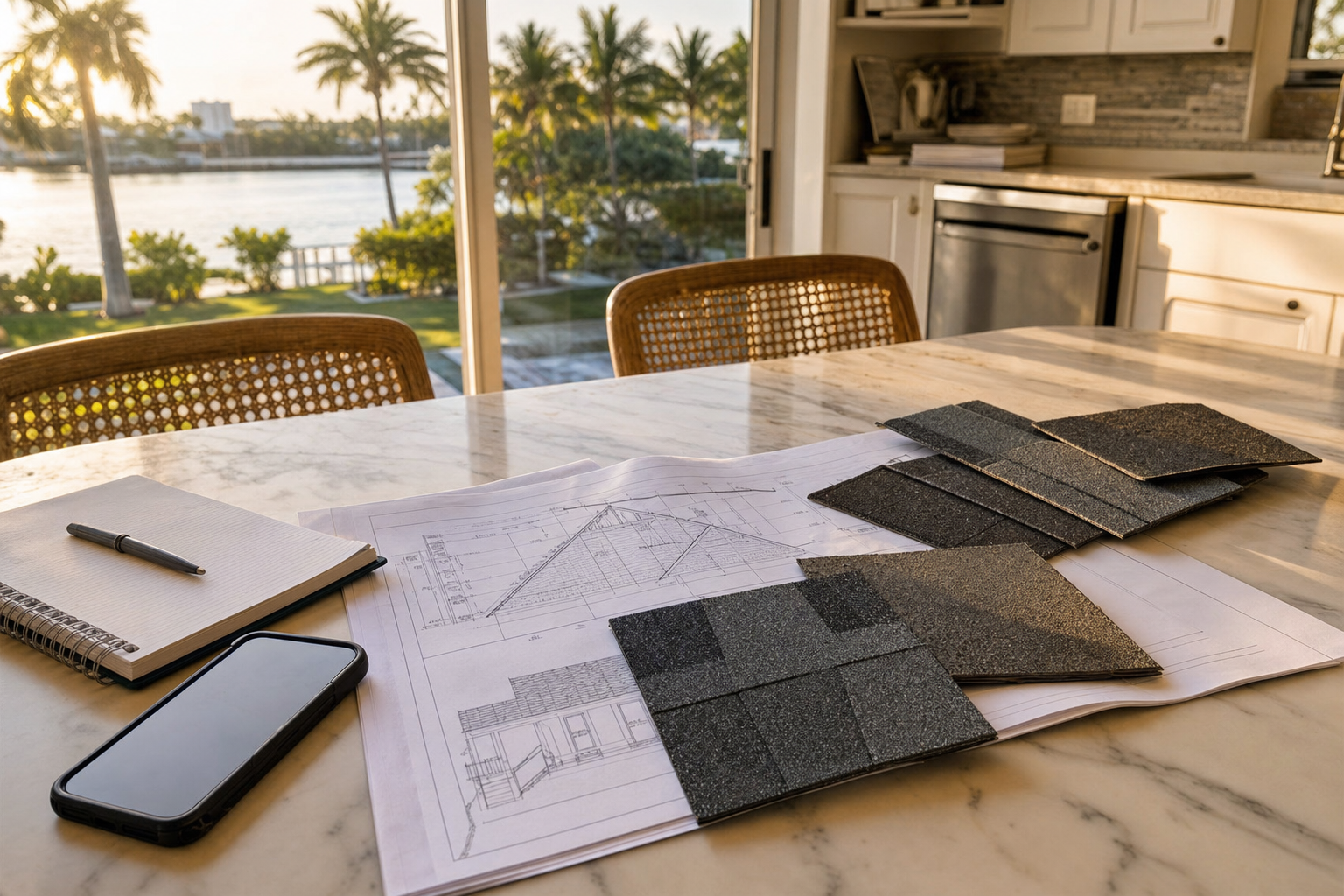 foto realista de una mesa de cocina en una casa de Miami con planos de techo, muestras de teja asfáltica, libreta de notas y teléfono a un lado, luz cálida de tarde, sin texto legible ni logotipos