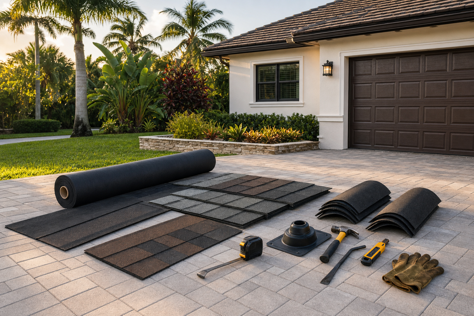 documentary photo of a roofing material layout on a clean driveway beside a South Florida home, shingle samples, underlayment roll, ridge cap pieces, pipe boot, and hand tools arranged neatly, golden-hour light, no logos, no text