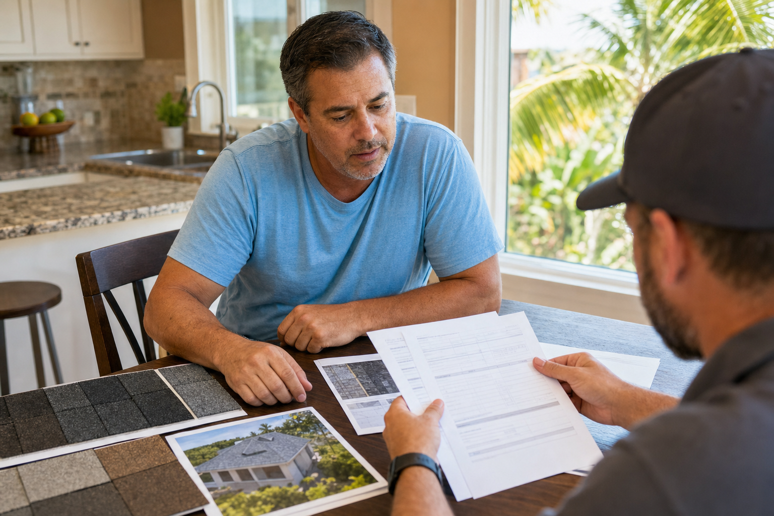 documentary photo of a South Florida homeowner reviewing roofing estimate papers and shingle samples on a kitchen table with an estimator’s hands visible, natural window light, no readable text, no logos