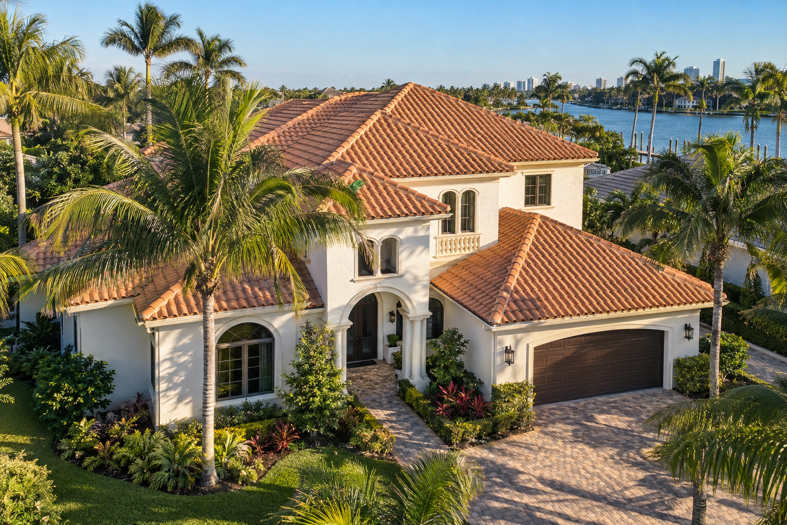 fotografía aérea a cuarenta y cinco grados de una casa mediterránea en Miami con techo de teja de concreto color terracota, cielo azul, palmeras, luz cálida, sin personas, sin texto