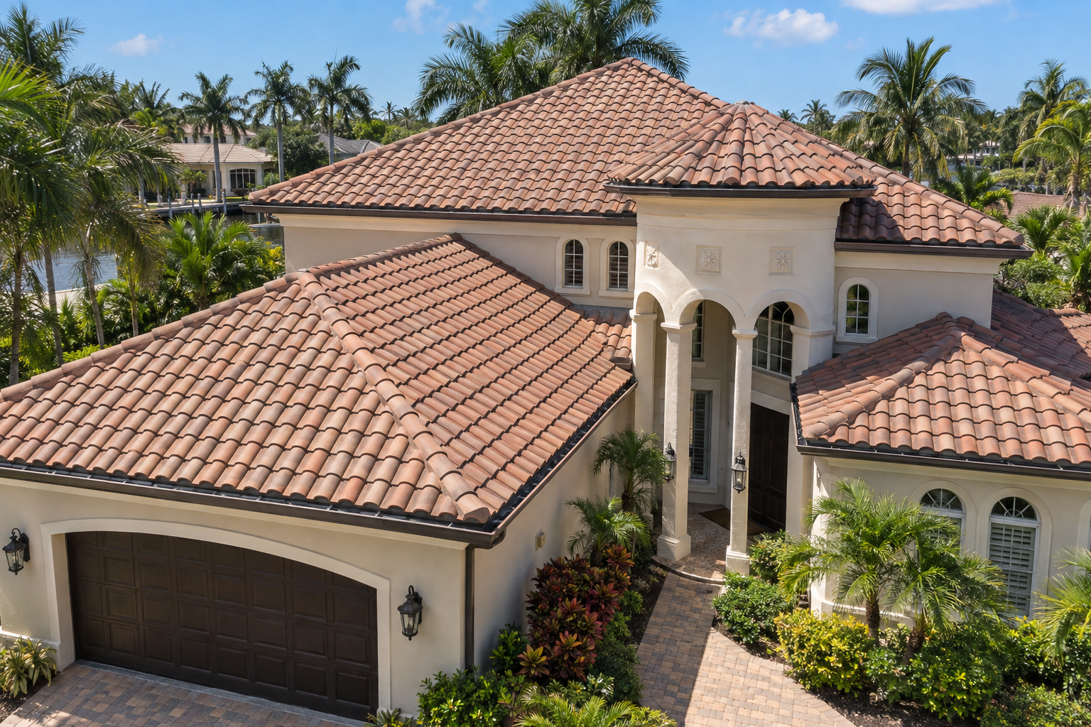 45-degree drone photo of a South Florida Mediterranean stucco home with a clean barrel tile roof, bright sunny sky, palms in background, no people, realistic residential roofing detail