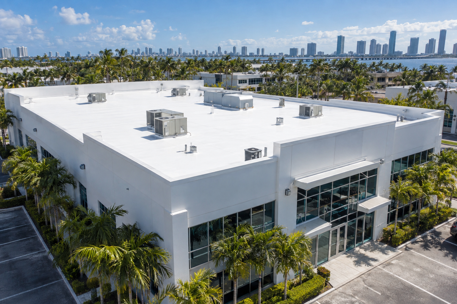 fotografía aérea realista de un edificio comercial moderno en Miami con techo plano blanco recién instalado, cielo soleado del sur de Florida, palmeras al fondo, sin texto visible
