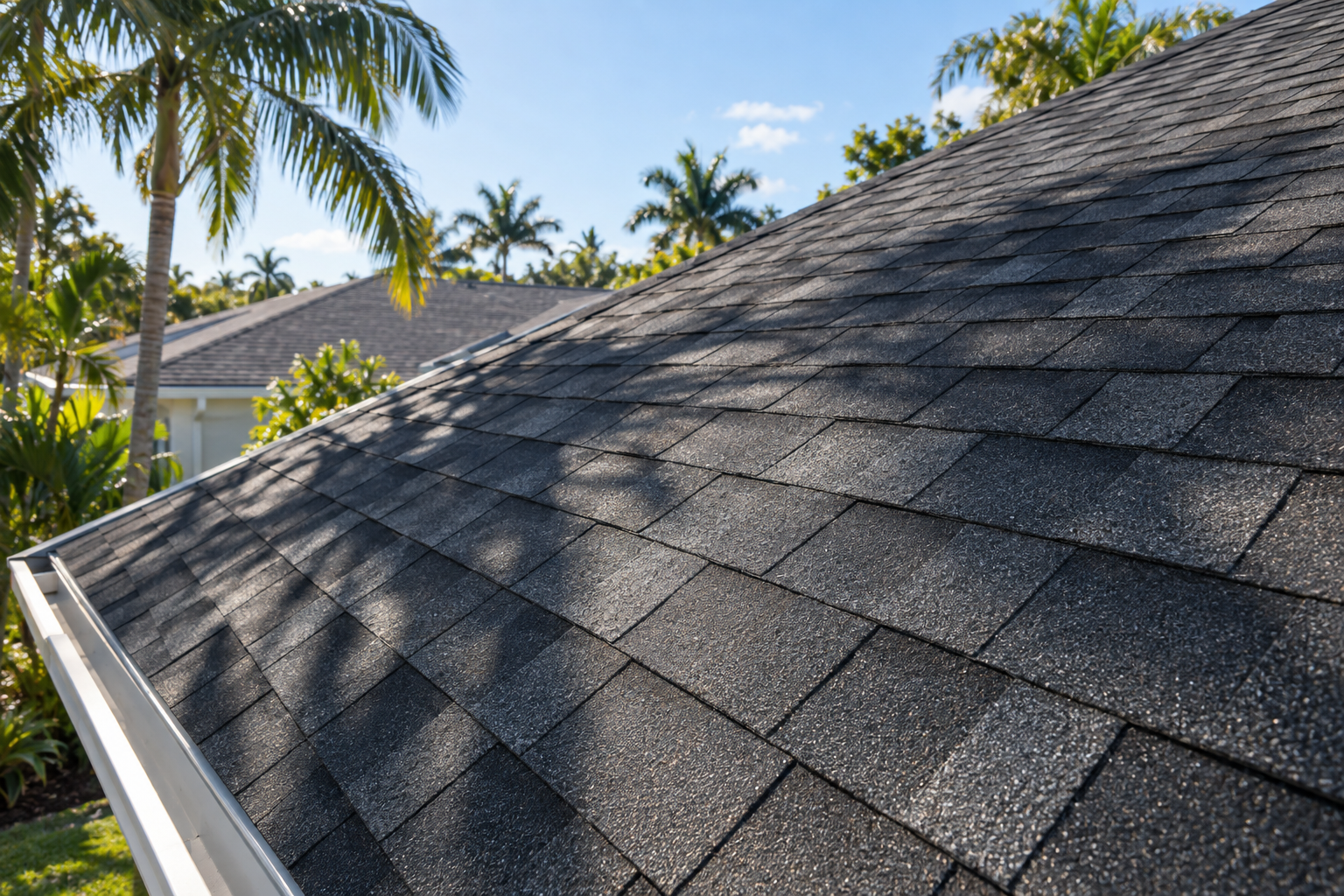 documentary close-up photo of dark architectural asphalt shingles on a South Florida roof with palm shadows and bright morning light, no logos or text