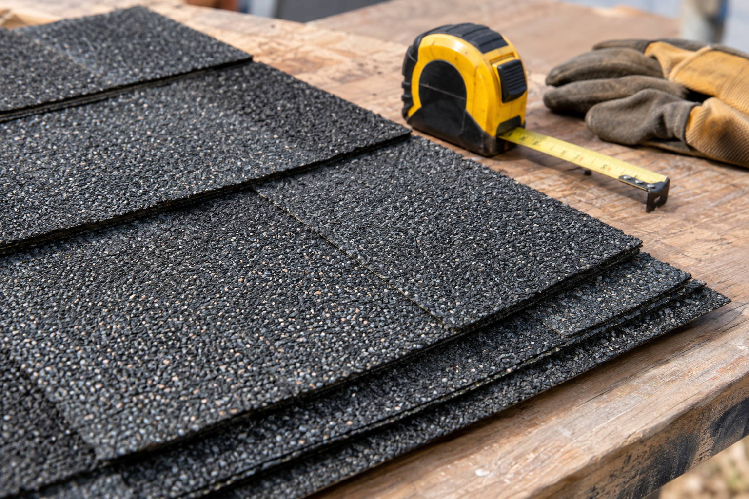 primer plano realista de tejas asfálticas arquitectónicas oscuras sobre una mesa de trabajo, textura granulada visible, herramienta de medición y guantes de trabajo, luz natural, sin logotipos ni texto