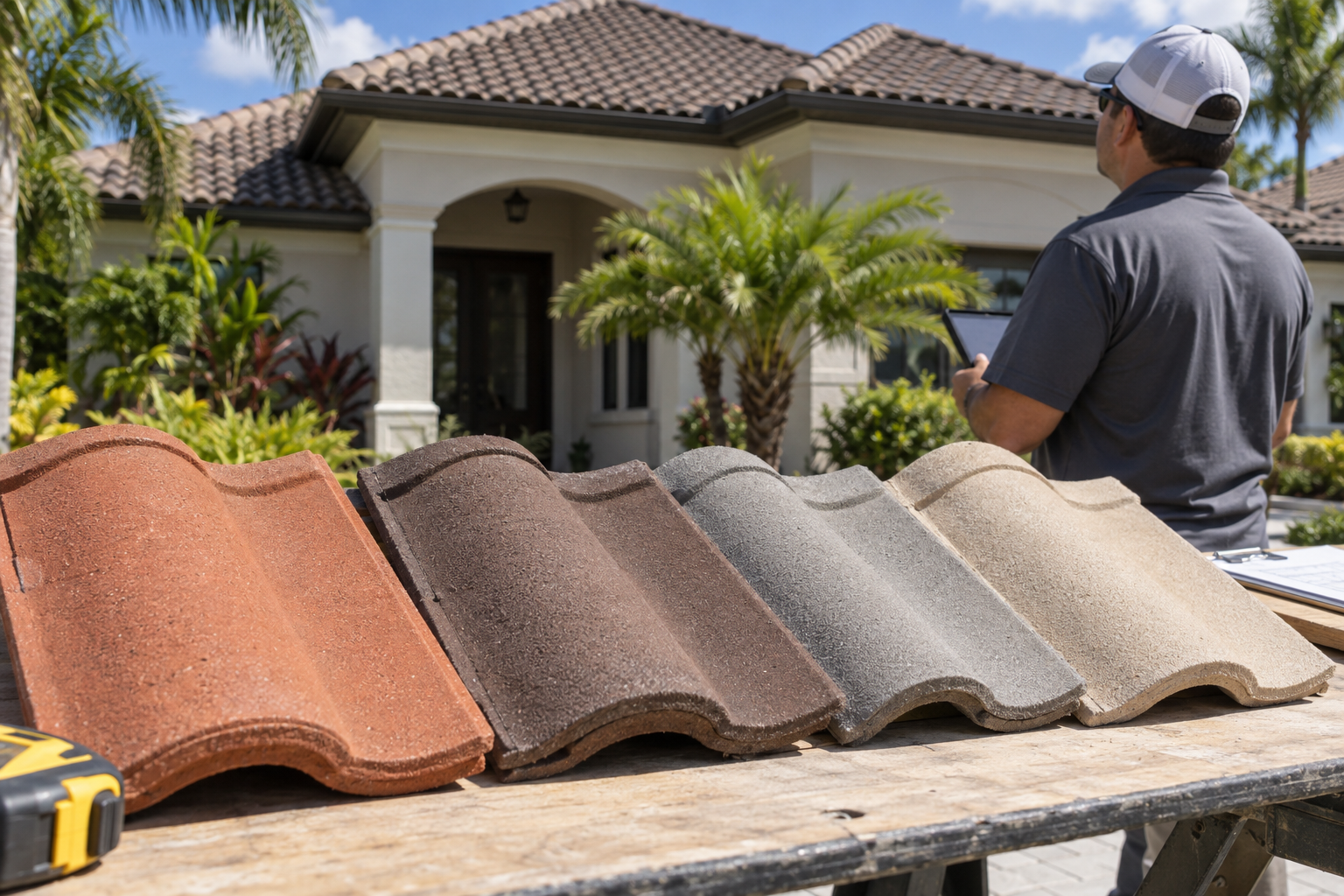 close-up documentary photo of concrete roof tile samples in terracotta, brown, gray, and sand tones on a contractor work table outside a South Florida home, sunny natural light, no logos or text