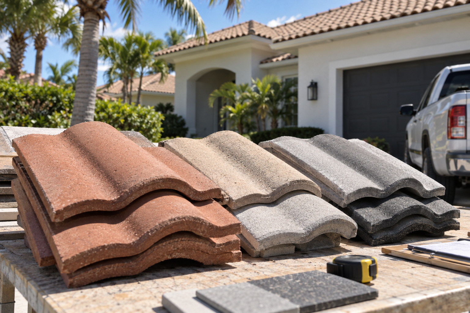 close-up documentary photo of stacked terracotta and concrete roof tile samples on a contractor work table in a bright South Florida driveway, natural sunlight, no logos or text