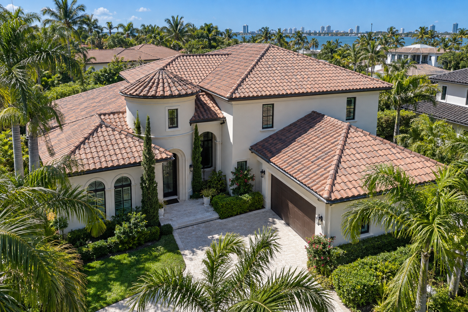 vista aérea con dron de una casa de estuco claro en Miami con techo de teja tipo barril, cielo azul, palmeras, líneas limpias del techo, sin personas y sin texto visible