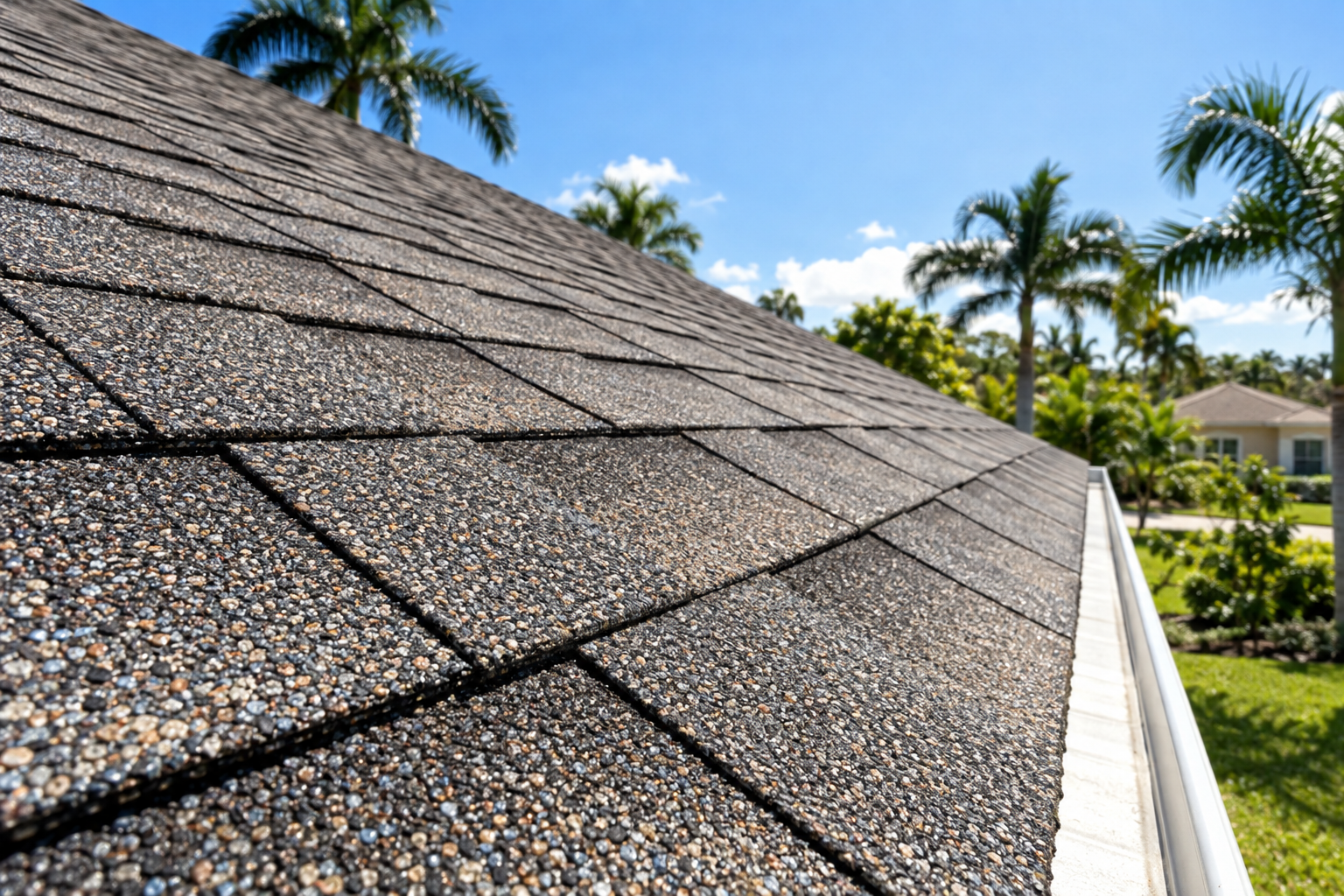 ground-level macro photo of architectural asphalt shingle texture with granules, clean roof edge, bright South Florida sunlight, no people, no logos or text