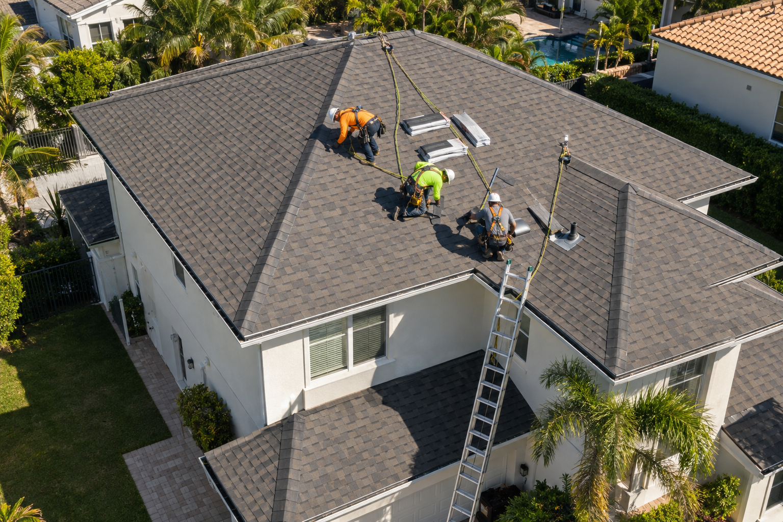 fotografía documental desde dron a 45 grados de una casa en Miami con techo de tejas asfálticas, cuadrilla trabajando de forma segura en el centro del plano del techo con arneses visibles, sin logos ni texto, tarde soleada