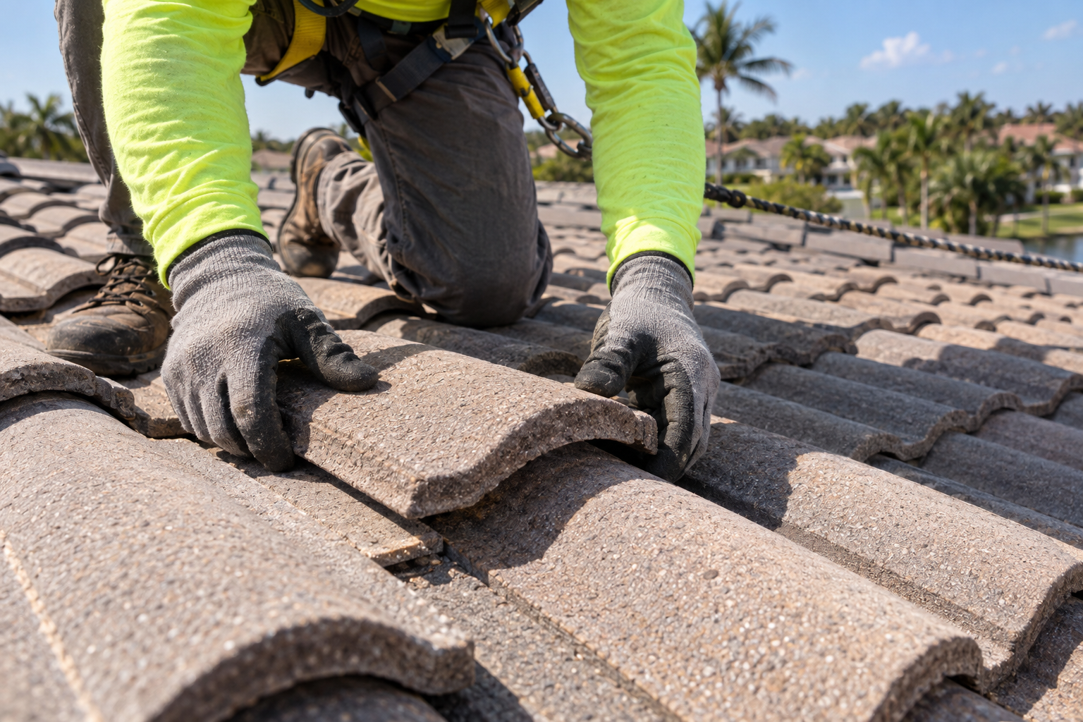 on-roof close-up photo of gloved hands aligning concrete roof tiles near the center of a safe roof plane, harness line visible in background, bright South Florida sun, no faces, no logos, no text
