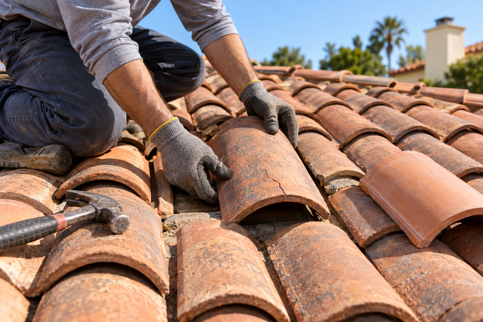 on-roof close-up photo of gloved hands carefully replacing a cracked barrel roof tile on a stable roof plane, tools nearby, no visible logo or text, bright afternoon light