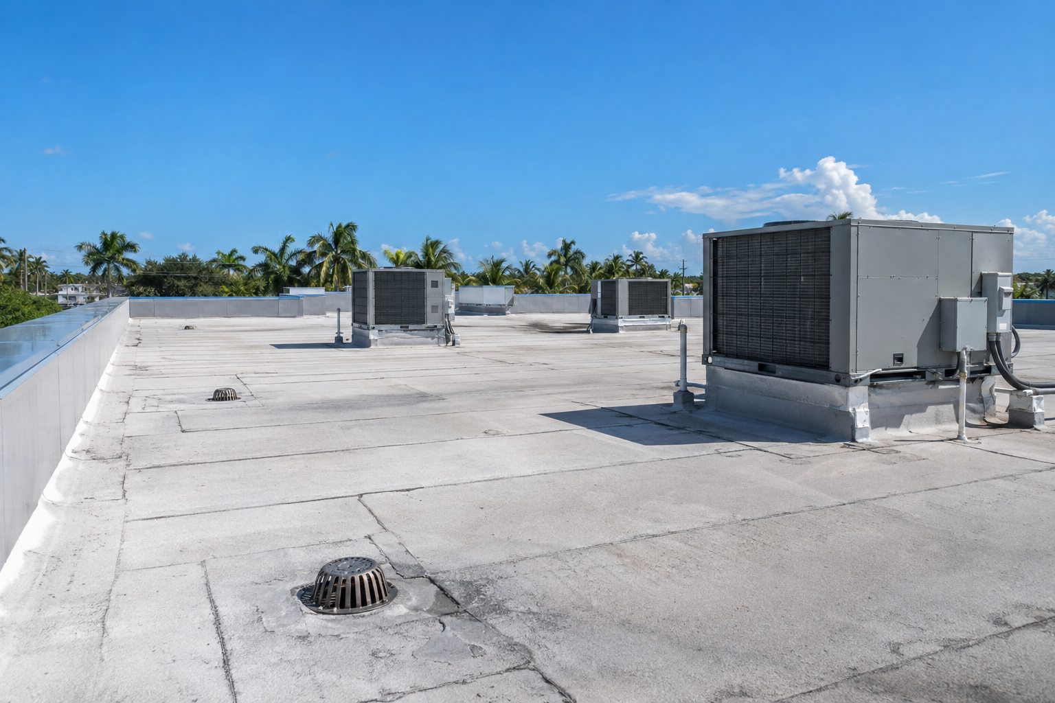 fotografía documental de un techo comercial plano en el sur de Florida con desagües visibles, bordes metálicos limpios y unidades de aire acondicionado elevadas sobre bases, cielo azul brillante, sin personas ni texto