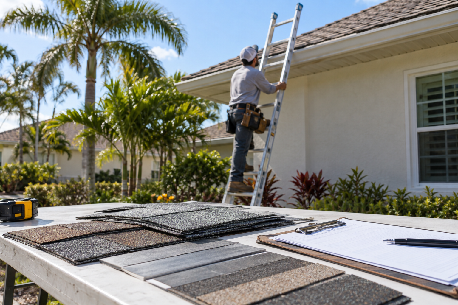 documentary photo of roofing material samples and a clipboard on a clean work table beside a South Florida home, no readable text, no logos, natural afternoon light