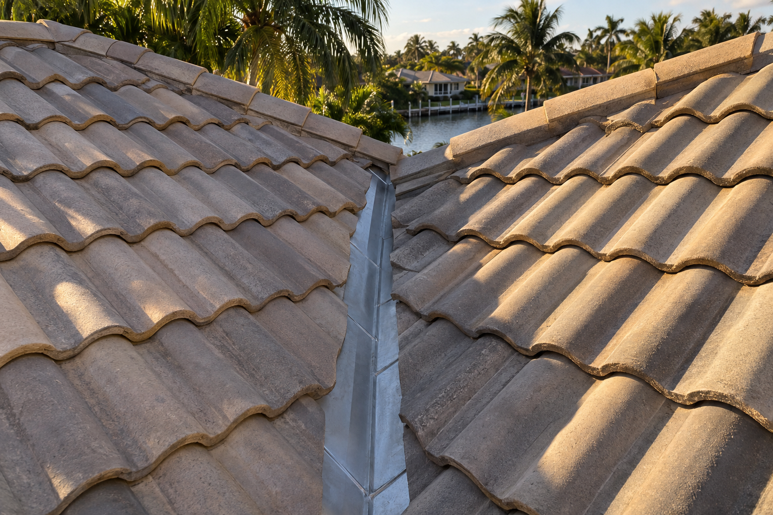 documentary photo of a South Florida tile roof valley with clean concrete tiles, visible flashing detail, palm shadows, late afternoon light, no people, no text