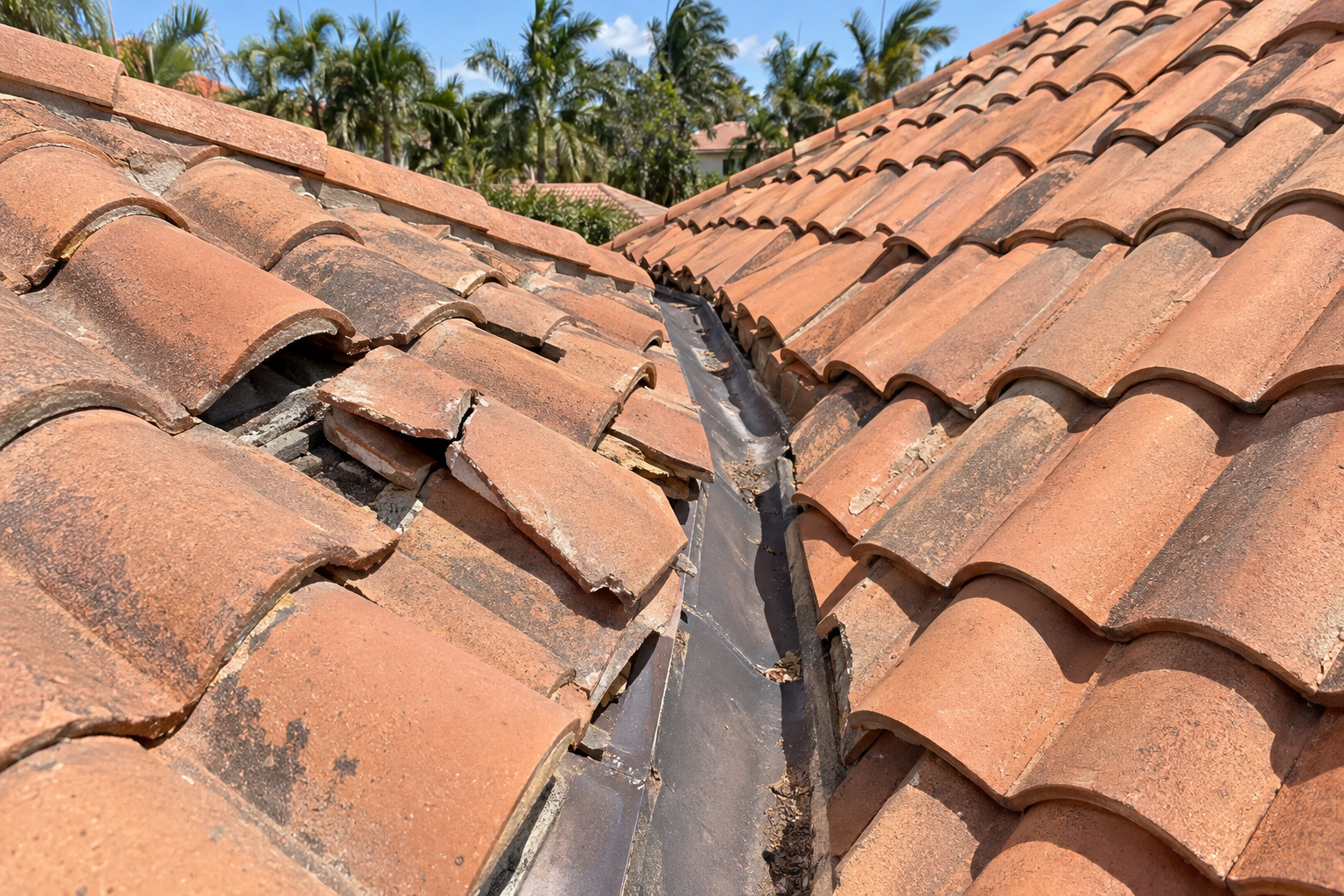 documentary photo of a South Florida tile roof inspection showing cracked and slipped roof tiles near a valley, bright daylight, no people faces, no logos or text