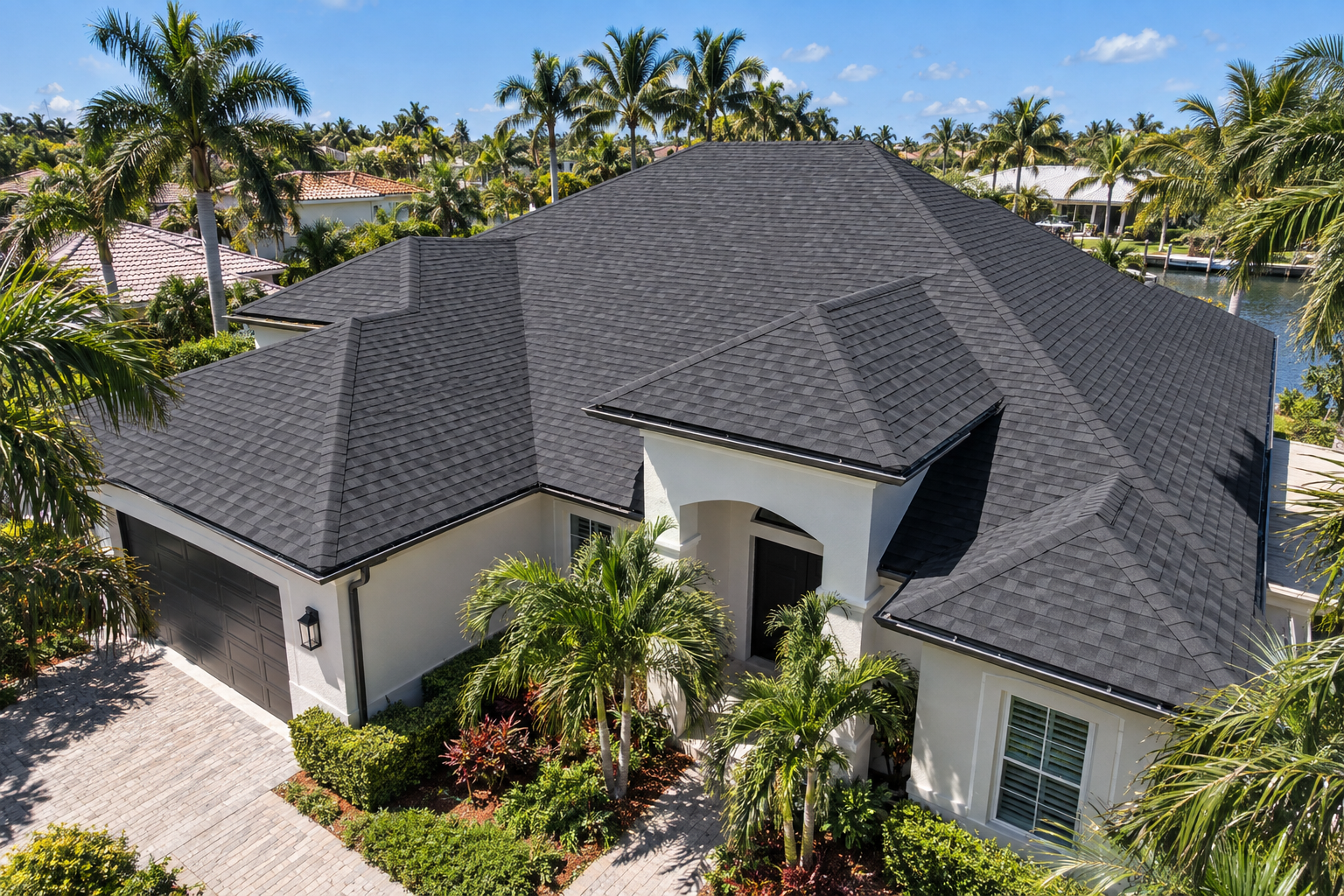 bird’s-eye drone-style photo of a completed dark architectural shingle roof on a Miami-area stucco home with palm trees and bright blue sky, no people, no logos or text