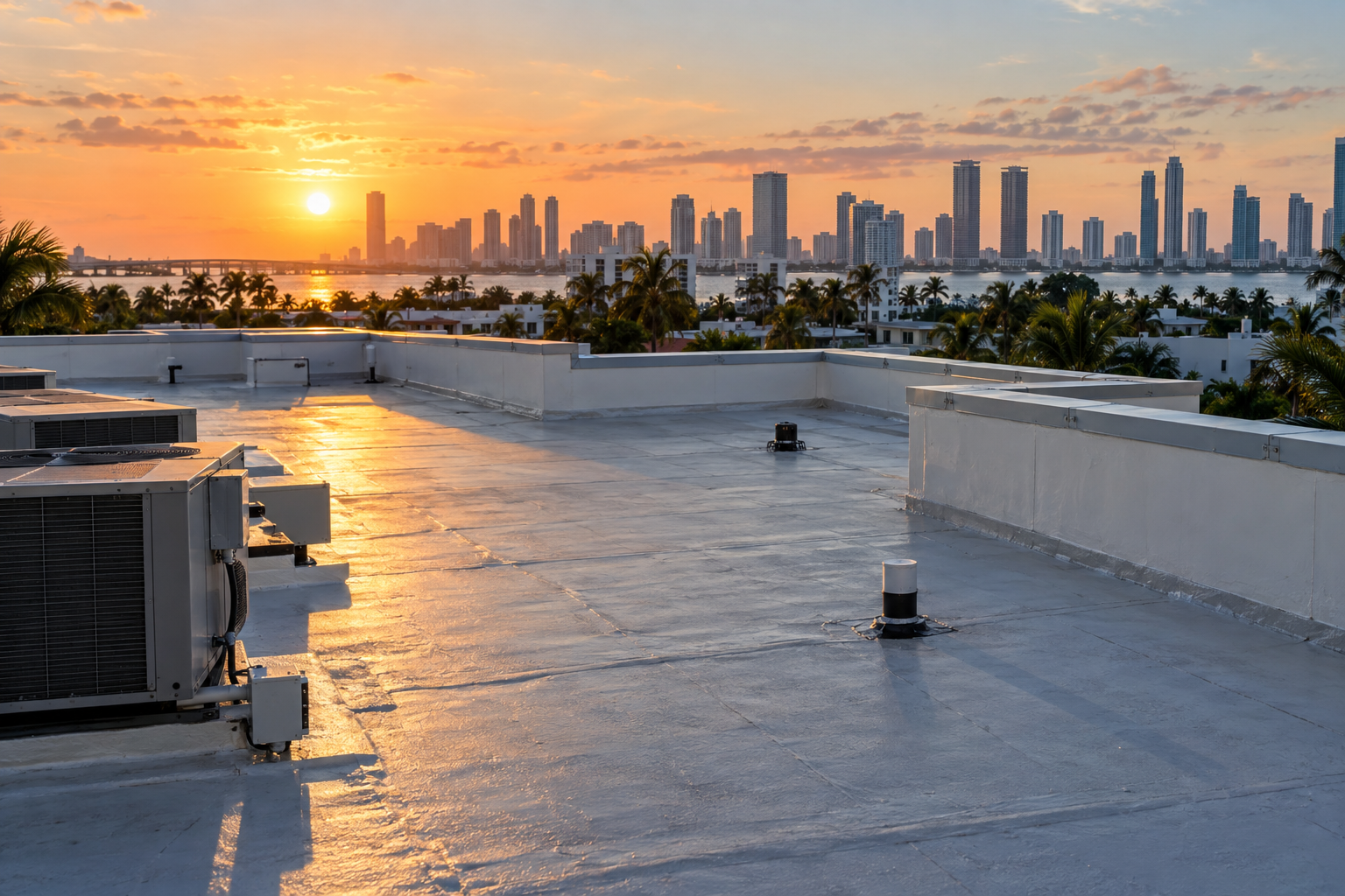 documentary photo of a South Florida commercial flat roof at sunrise, clean low-slope roof surface with parapet walls, Miami skyline in the distance, warm light, realistic roofing detail, no text
