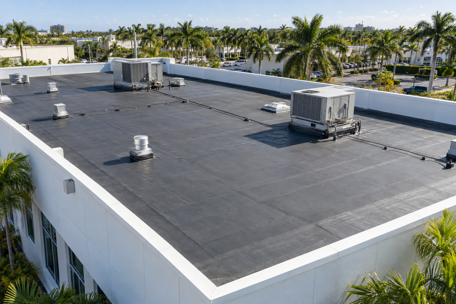 45-degree drone photo of a South Florida commercial low-slope roof with clean modified bitumen membrane, white parapet walls, palm trees in background, bright morning light, realistic documentary style, no text