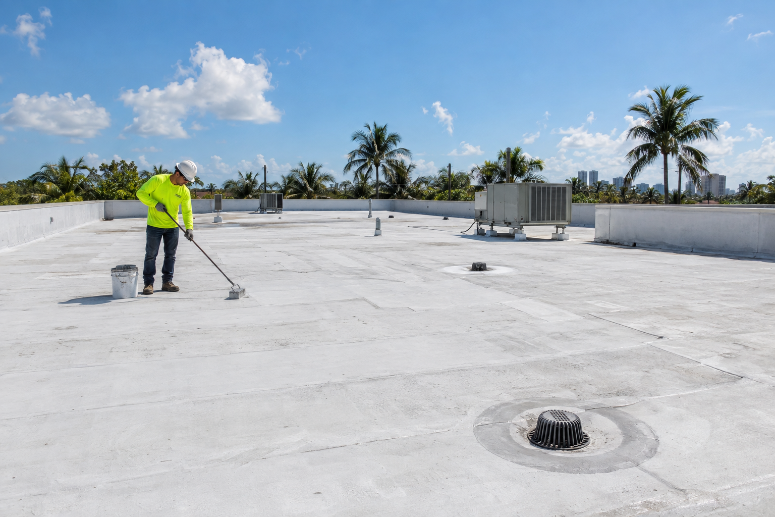 fotografía documental de un techo plano comercial en Miami con membrana asfáltica clara, desagües visibles, cielo soleado, palmeras al fondo, sin texto ni logotipos