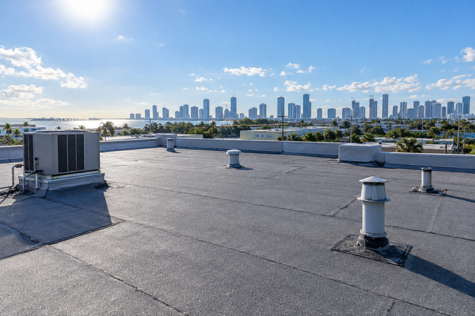 documentary photo of a South Florida commercial low-slope roof with clean asphalt BUR surfacing, Miami skyline in the distance, bright morning sun, realistic roofing detail, no text