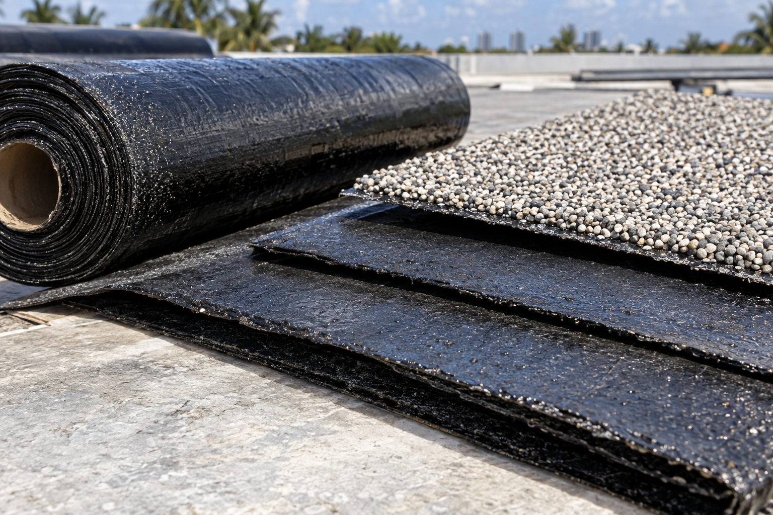 close-up documentary photo of layered commercial roofing materials on a clean work surface, asphalt-saturated ply sheets and gravel surfacing sample, South Florida jobsite lighting, no people, no text