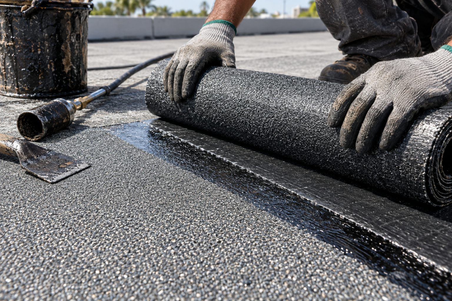 close-up realistic photo of mineral-surfaced SBS modified bitumen cap sheet texture beside roofing tools on a clean flat roof, bright South Florida sunlight, hands-only worker presence, no logo, no text
