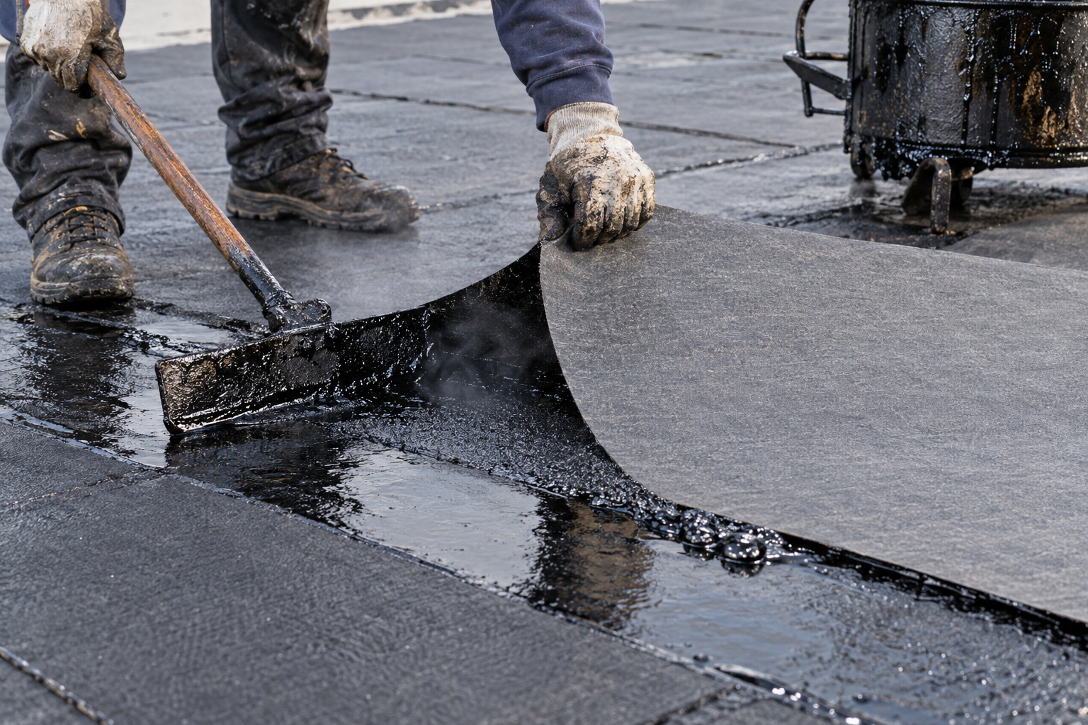 close-up photo of hot asphalt BUR roofing materials on a commercial flat roof, reinforcing ply sheet partially embedded in black asphalt, gloved hands and tools visible, no logos, no text