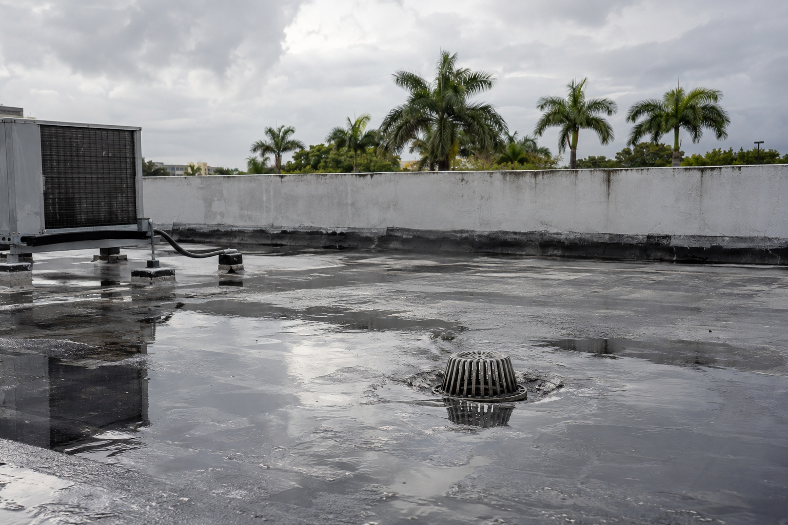 realistic photo of a low-slope commercial roof drain area in South Florida after rain, shallow ponding water near drain, parapet wall and palm trees in background, overcast daylight, no people, no text