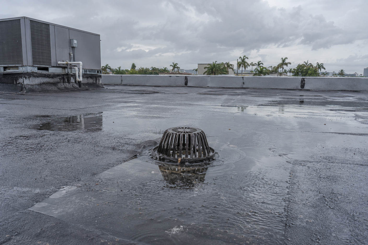 realistic rooftop photo of shallow ponding water around a commercial flat roof drain with modified bitumen membrane, no people, overcast post-rain South Florida sky, documentary style, no text