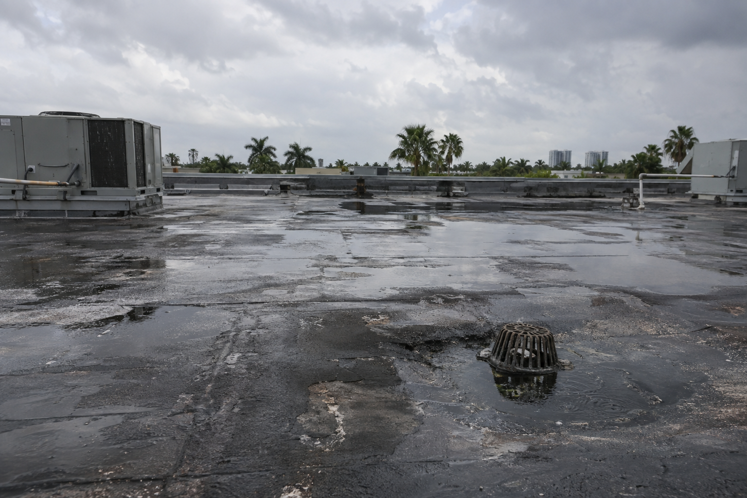 fotografía de un techo plano en el sur de Florida con charcos poco profundos cerca de un desagüe, superficie asfáltica desgastada, cielo nublado después de lluvia, sin personas, sin texto