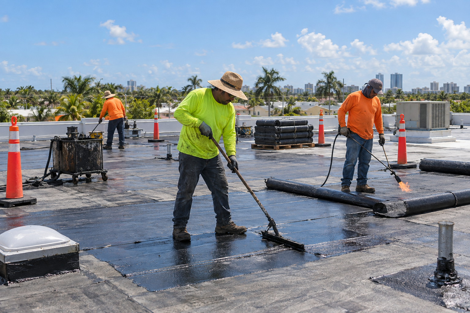 wide documentary photo of a commercial roofing crew safely working near the center of a flat roof on a hot asphalt BUR installation, safety cones and PPE visible, workers away from edges, South Florida sun, no logos, no text