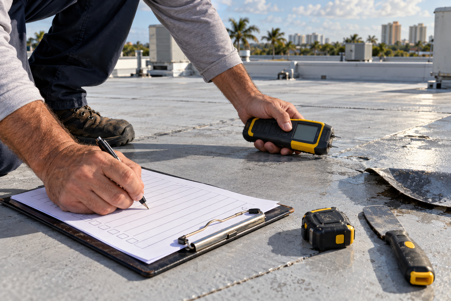 hands-only documentary photo of a commercial roof inspection clipboard with moisture meter and roofing tools on a flat roof surface, South Florida afternoon light, no logos, no text