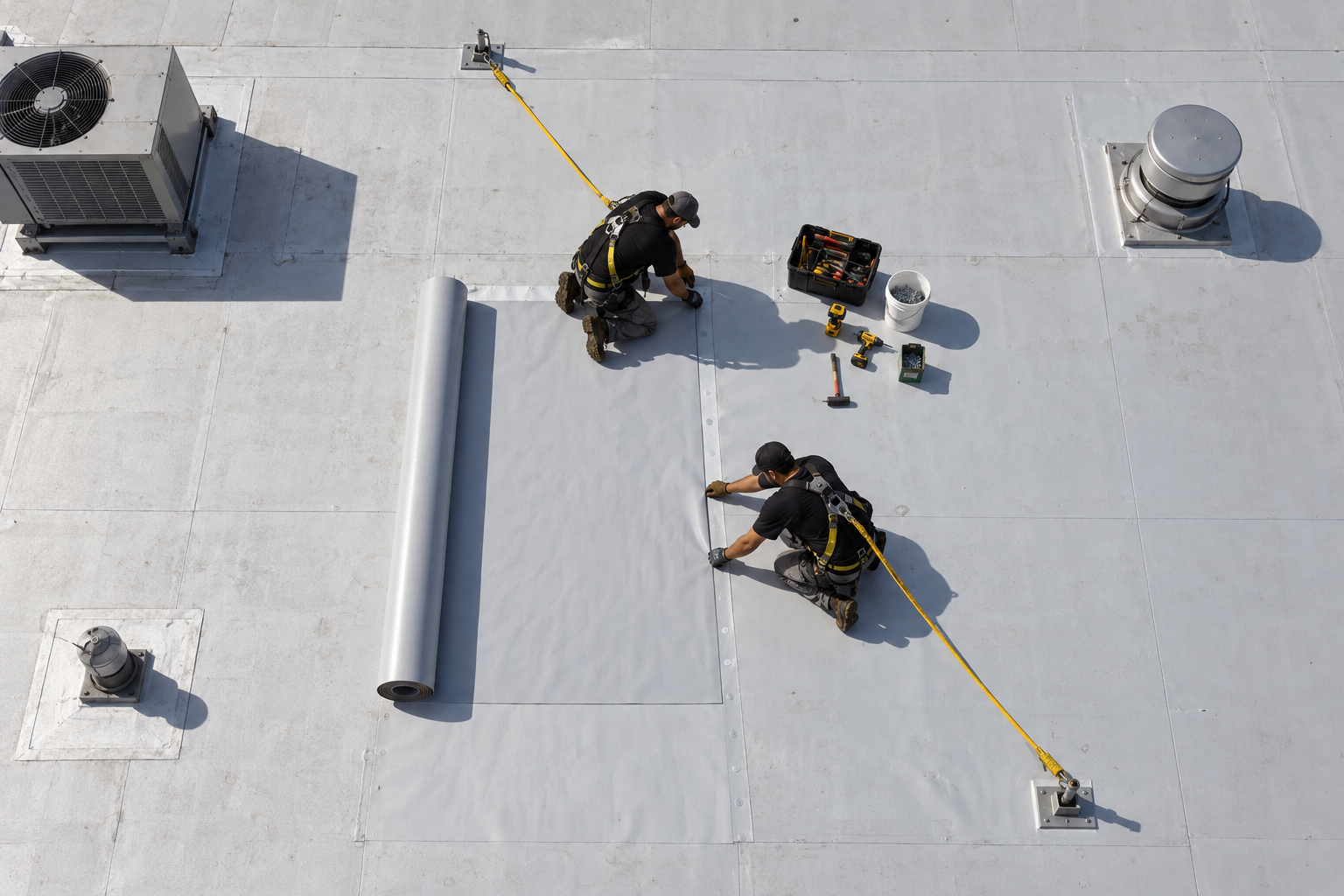 toma aérea cenital de equipo de techado trabajando en el centro de un techo comercial plano, arneses y líneas de vida visibles, lejos de los bordes, camisas sólidas negras sin logotipos, herramientas organizadas, sol de Florida, sin texto