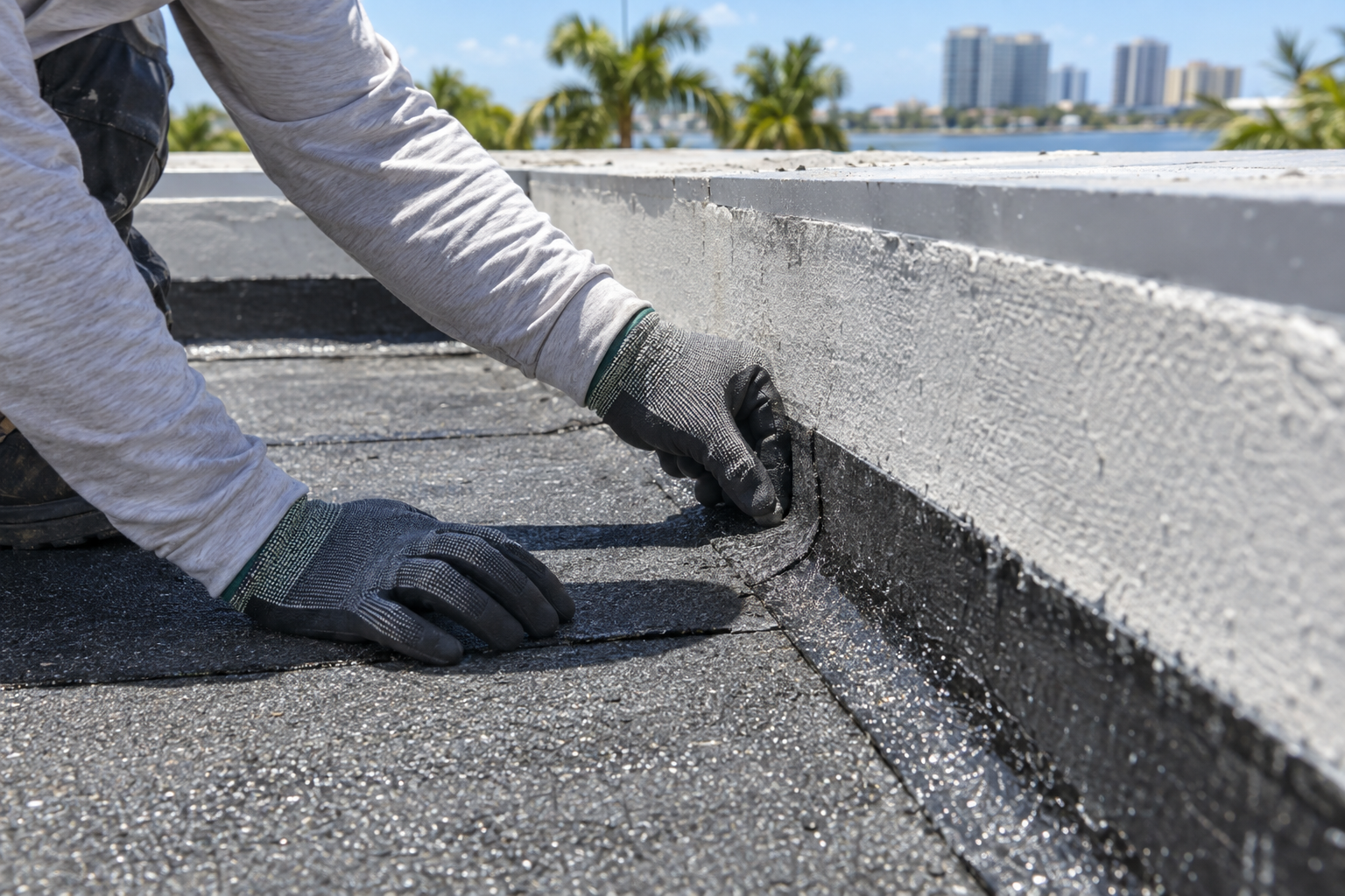 documentary close-up of gloved hands inspecting a modified bitumen seam near a parapet wall on a South Florida flat roof, worker body mostly out of frame, safe composition, bright daylight, no logo, no text