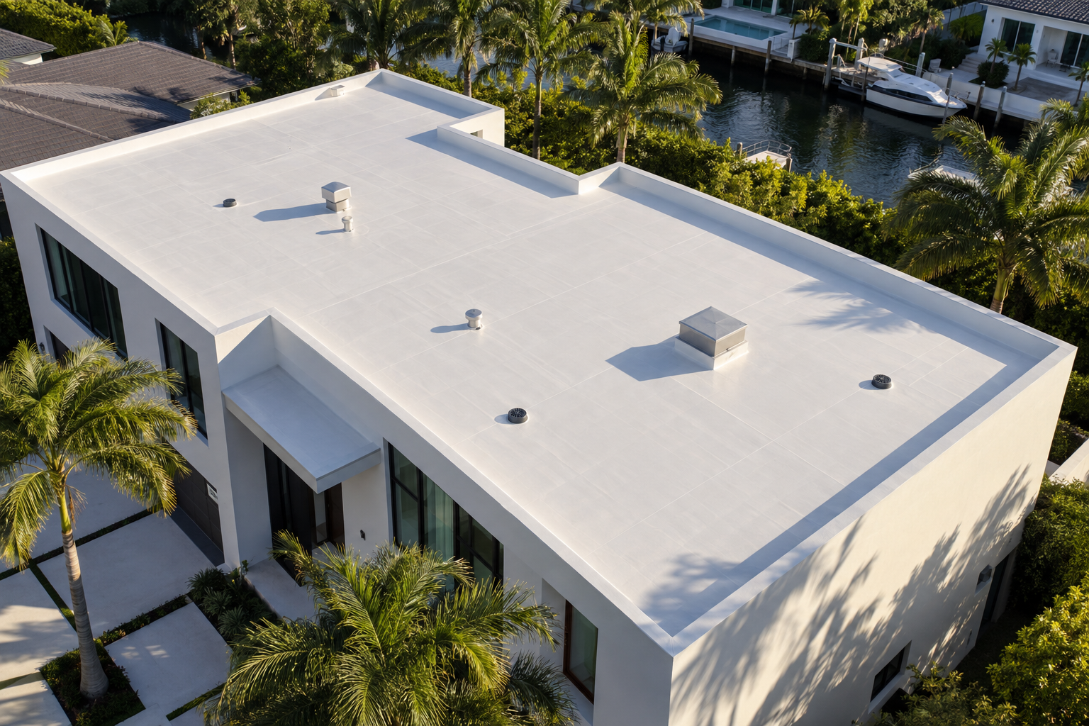 vista aérea a cuarenta y cinco grados de un techo plano moderno en Miami con membrana clara recién instalada, líneas limpias, desagües visibles, tarde soleada, sin personas, sin texto ni logotipos