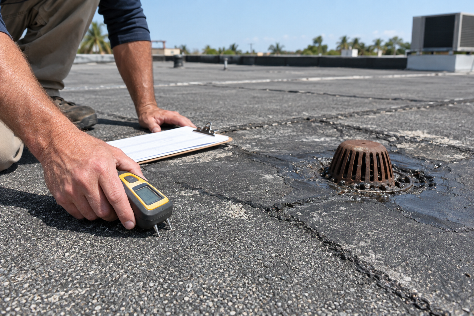 realistic photo of a South Florida commercial flat roof inspection, moisture meter, clipboard, roof drain, and asphalt BUR surface detail in bright daylight, hands-only composition, no logos, no text